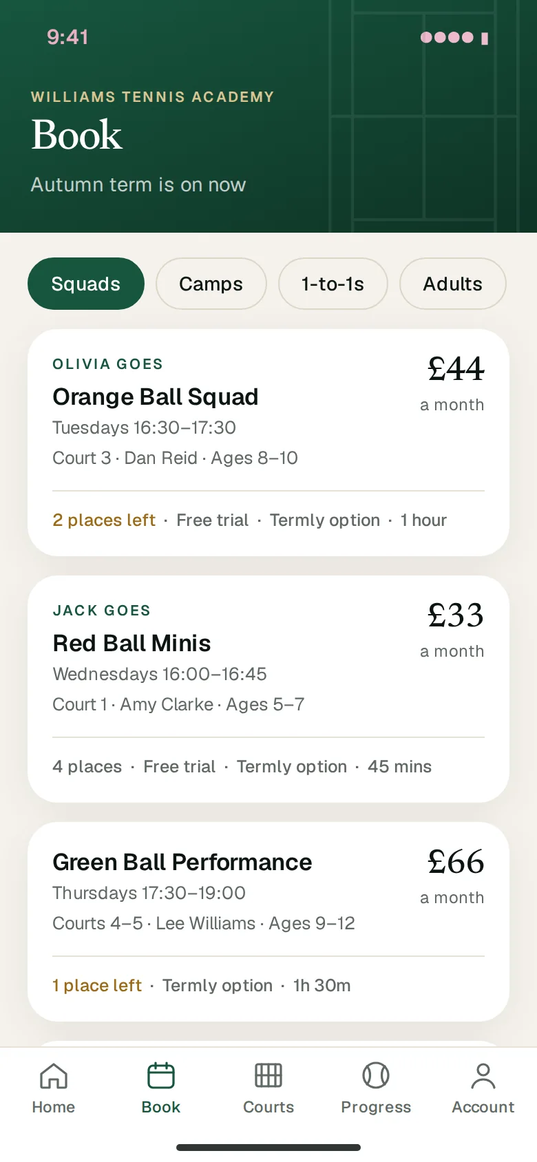 The booking screen, listing squads with prices, places left and free trials