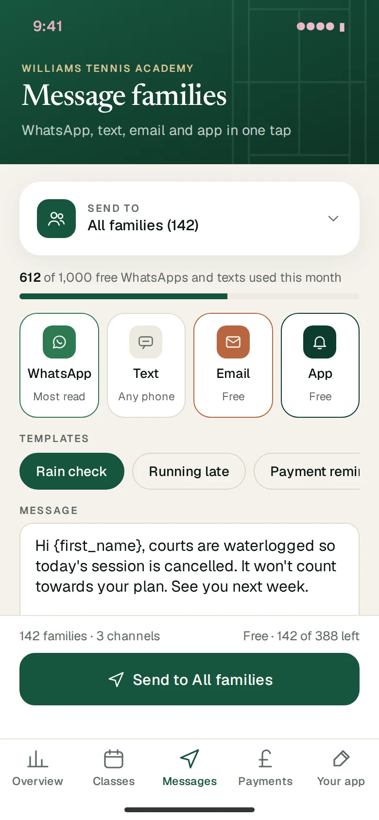 The message composer, sending to all families by WhatsApp, email and app notification